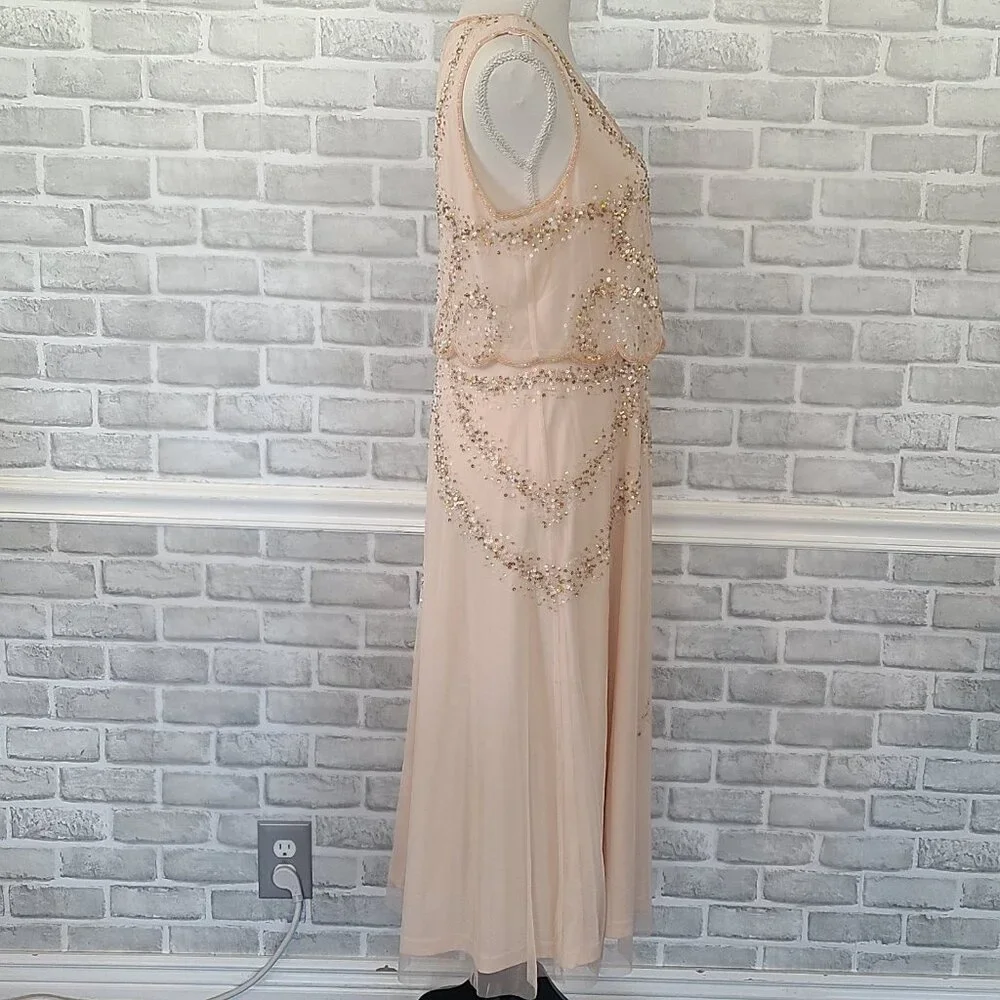 Adrianna Papell NWT Blush Beaded Art Deco Mesh V-Neck Cocktail Midi Dress 12